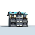 Duplex Villa Exterior With Blue Roof Yellow Walls Balconies And Windows