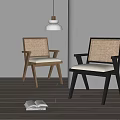 Modern Dining Chairs With Wooden And Black Frame Rattan Backrest Armrests Upholstered Seat