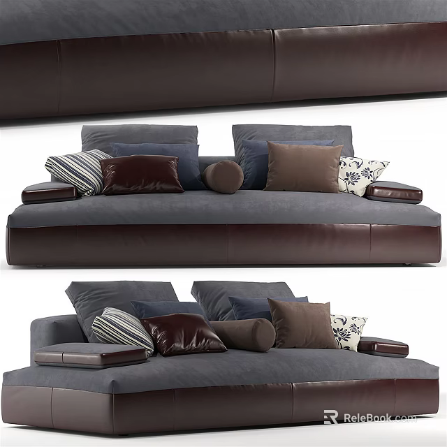 Modern Two Seater Sofa With Soft Fabric And Blue Brown Striped Patterned Pillows 3d model
