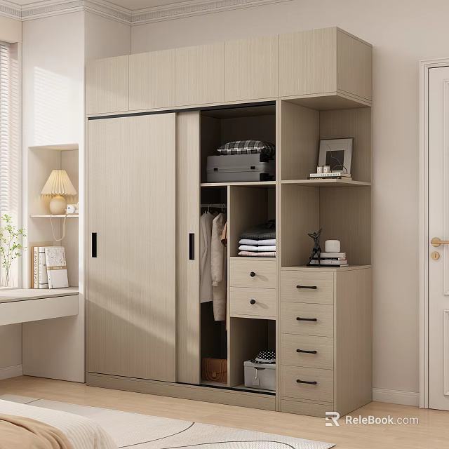 Modern Light Wood Wardrobe With Sliding Doors Hanging Area Drawers Shelves And Storage 3d model 