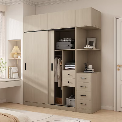 Modern Light Wood Wardrobe With Sliding Doors Hanging Area Drawers Shelves And Storage 3d model