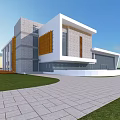Modern Single Family House Exterior With White Gray Facade Large Glass Windows And Green Lawn