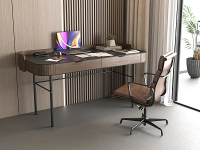 Modern Home Office Desk And Chair Set With Wooden Top Metal Frame And Leather Seat 3d model