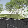 Garden Landscape Design With Lush Trees Walkway Railings And Paved Ground