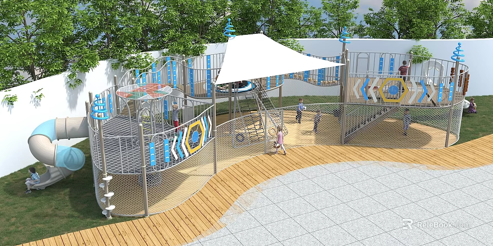 Kindergarten Outdoor Playground Featuring Slide Climbing Equipment Canopy Trees And Wooden Tiled Flooring 3d model 