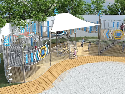 Kindergarten Outdoor Playground Featuring Slide Climbing Equipment Canopy Trees And Wooden Tiled Flooring 3d model