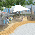 Kindergarten Outdoor Playground Featuring Slide Climbing Equipment Canopy Trees And Wooden Tiled Flooring