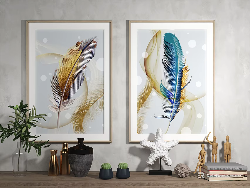 Feather Themed Wall Art With Decorative Items And Green Plant In Living Room 3d model 