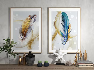 Feather Themed Wall Art With Decorative Items And Green Plant In Living Room 3d model