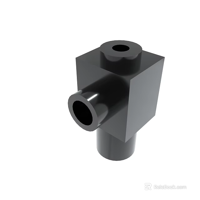 Black Square Connector Fitting With Top And Side Circular Holes 3d model 