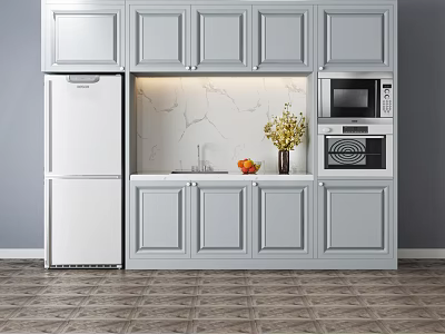 Modern Kitchen Interior With White Cabinets Marble Countertop Appliances Fruit And Flowers 3d model