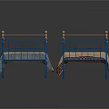 Two Beds Featuring Blue Metal Frames Golden Feet And Different Patterned Sheets 3d model