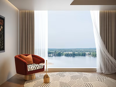 Layered Neutral Curtains With Sheer Panels Red Accent Chair And Lake View In Modern Room 3d model