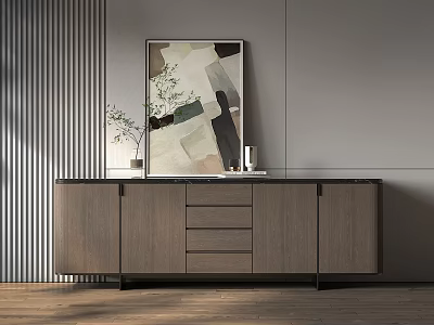 Modern Wooden Console Cabinet With Drawers Plant And Wall Artwork 3d model