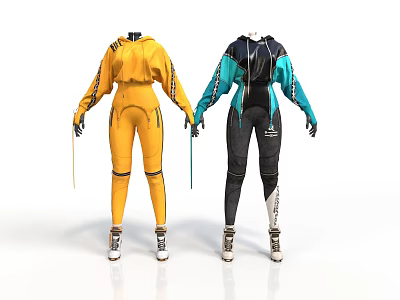 Stylish Jumpsuit Designs In Yellow And Black Teal On Mannequins With Contrast Sleeves 3d model