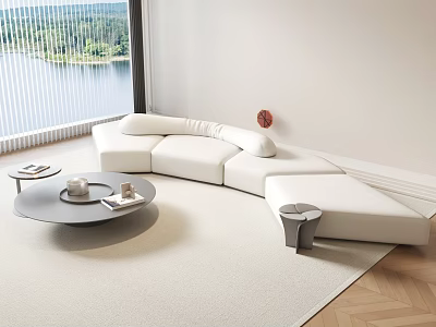 Modern White L shaped Sofa And Round Gray Coffee Table Set With Lake View Living Room 3d model