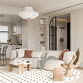 Modern Open Concept Living And Dining Room With Beige Sofa Coffee Table Area Rug And Chandelier