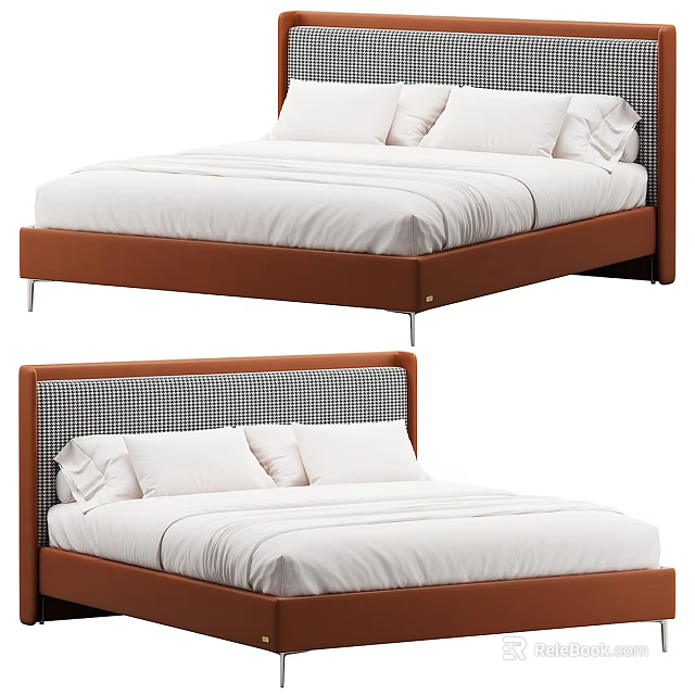 Modern Brown Frame Double Bed With Grid Patterned Headboard And White Bedding 3d model