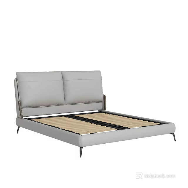 Modern Double Bed With Grey Leather Headboard And Metal Legs Structure 3d model 