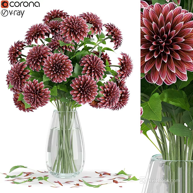 Ornamental Decorative Arrangement with Red Dahlia Flowers in Glass Vase 3d model 