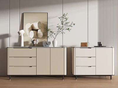 Modern Minimalist Entryway Console And Side Cabinets With Decorative Plants And Table Lamp 3d model