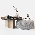 Modern Coffee Table Wooden Legs Black Tabletop Vase Dried Flowers Checkered Pouf Book