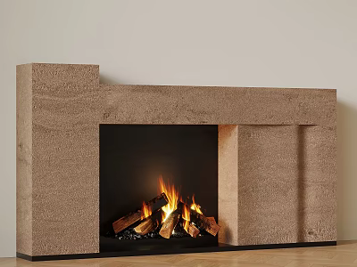 Modern Stone Fireplace Interior With Burning Flames And Natural Wooden Floor 3d model