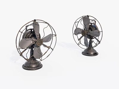 Two Vintage Electric Fans With Metal Blades And Retro Wire Cage Base 3d model
