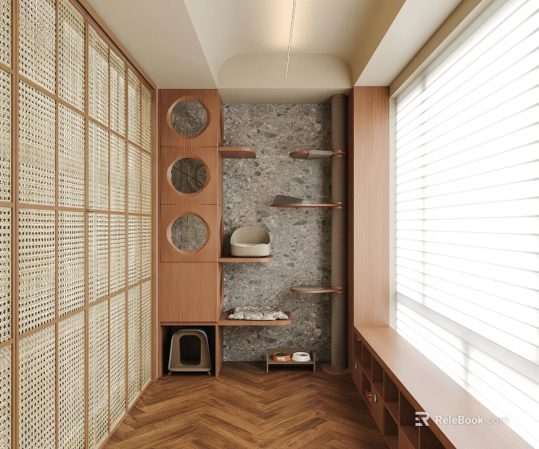 Cozy Indoor Corner With Wooden Lattice Wall Arched Niche Stone Shelves And Herringbone Floor 3d model 