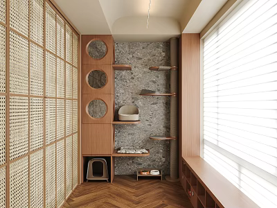 Cozy Indoor Corner With Wooden Lattice Wall Arched Niche Stone Shelves And Herringbone Floor 3d model