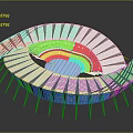 Modern Stadium Architecture With Curved Stands Blue Field Red Purple Sections