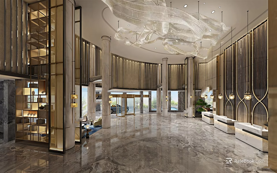 Modern Hotel Lobby Interior with Marble Floor Large Chandelier Columns and Floor to Ceiling Windows 3d model 