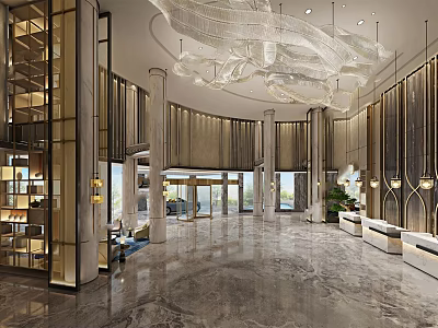 Modern Hotel Lobby Interior with Marble Floor Large Chandelier Columns and Floor to Ceiling Windows 3d model