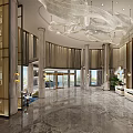 Modern Hotel Lobby Interior with Marble Floor Large Chandelier Columns and Floor to Ceiling Windows