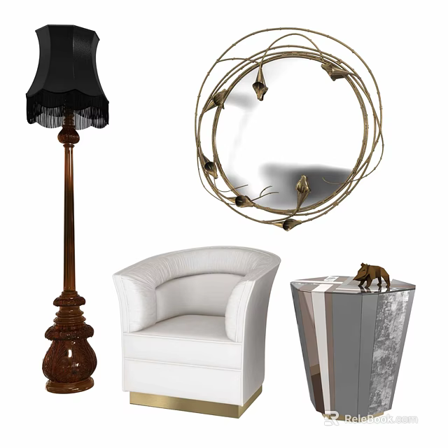 White Single Chair In Modern Interior With Black Floor Lamp Gold Mirror And Geometric Vase 3d model 