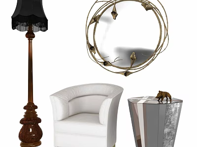 White Single Chair In Modern Interior With Black Floor Lamp Gold Mirror And Geometric Vase 3d model