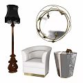 White Single Chair In Modern Interior With Black Floor Lamp Gold Mirror And Geometric Vase