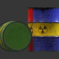 Radioactive Waste Barrels In Red Yellow Blue Green With Radioactive Symbols