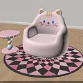Cute Cat Shaped Pink Kids Chair with Small Round Table on Checkerboard Rug