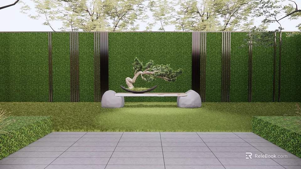 Bonsai Plant In Outdoor Space With Green Hedge Backdrop And Stone Seats On Lawn 3d model 