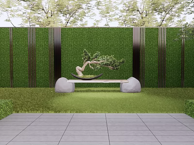 Bonsai Plant In Outdoor Space With Green Hedge Backdrop And Stone Seats On Lawn 3d model