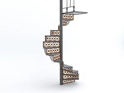 Spiral Staircase With Intricate Step Patterns And Modern Metal Railings Design 3d model