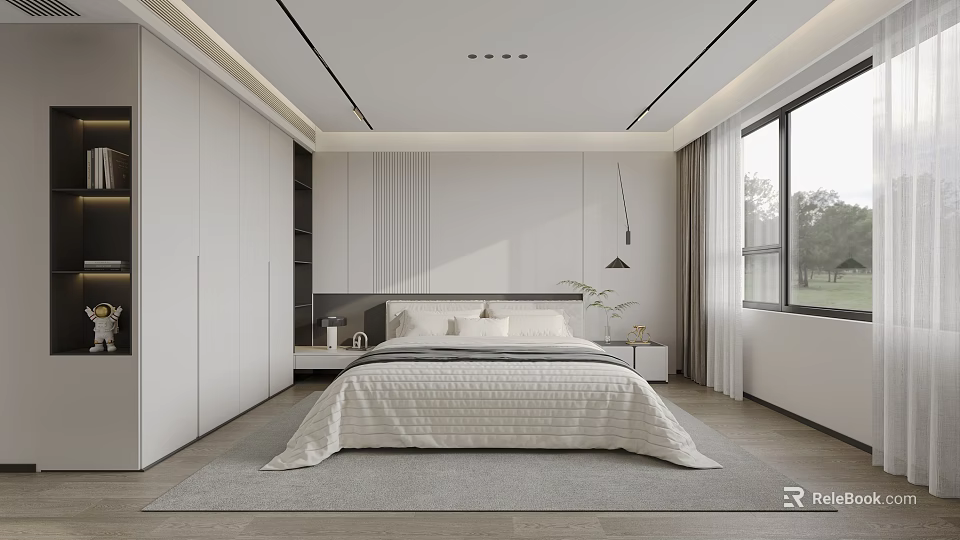 Modern Bedroom with Minimalist Design Large Bed Wardrobe Nightstand Gray Tones Window and Curtains 3d model 