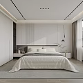 Modern Bedroom with Minimalist Design Large Bed Wardrobe Nightstand Gray Tones Window and Curtains