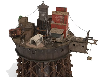 Industrial Tower Structure With Water Tower Red Building Wooden Platforms And Crane 3d model