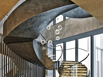 Modern Concrete Spiral Staircase With Glass Railing Pendant Lights And Large Windows 3d model