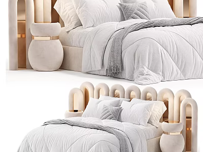Double Bed Fabric Bed Nightstand 3d model