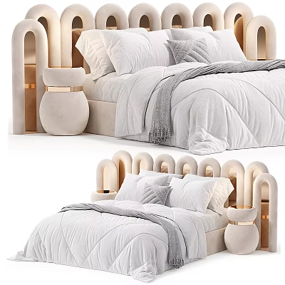 Elegant Modern Double Bed Interior With Curved Headboard Soft Pillows And Bedside Tables 3d model