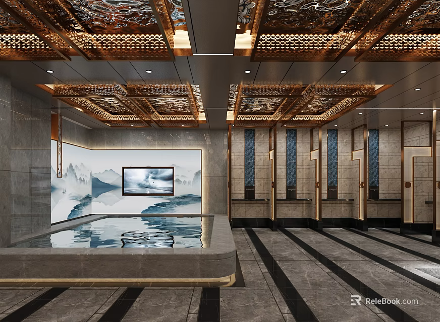 Luxurious SPA Sauna Interior With Hot Spring Pool And Decorative Ceiling Design 3d model 