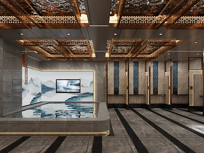 Luxurious SPA Sauna Interior With Hot Spring Pool And Decorative Ceiling Design 3d model